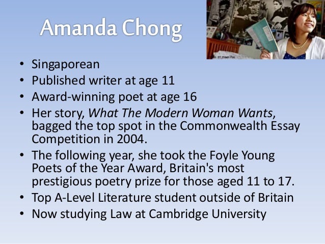 amanda chong essay The author amanda chong, a 15-yr old girl at the time, won the commonwealth (2004) essay prize for the above courtesy: dr sekhar warrier so fellow friends, save enough for your old age and don't try to rely on your children. amanda chong essay The author amanda chong, a 15-yr old girl at the time, won the commonwealth (2004) essay prize for the above courtesy: dr sekhar warrier so fellow friends, save enough for your old age and don't try to rely on your children.