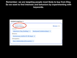 Remember- we are targeting people most likely to buy from Etsy.
So we want to find interests and behaviors by experimenting with
keywords.
 