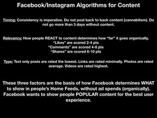 Facebook/Instagram Algorithms for Content
Timing: Consistency is imperative. Do not post back to back content (cannabilism). Do
not go more than 3 days without content.
Relevancy: How people REACT to content determines how “far” it goes organically.
“Likes” are scored 2-4 pts
“Comments” are scored 4-8 pts
“Shares” are scored 6-10 pts
Type: Text only posts are rated the lowest. Links are rated minimally. Photos are rated
average. Videos are rated highest.
These three factors are the basis of how Facebook determines WHAT
to show in people’s Home Feeds, without ad spends (organically).
Facebook wants to show people POPULAR content for the best user
experience.
 
