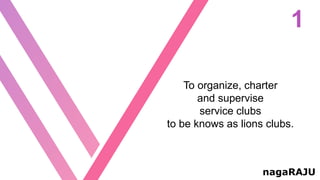 1
nagaRAJU
To organize, charter
and supervise
service clubs
to be knows as lions clubs.
 