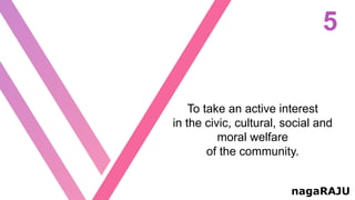 5
nagaRAJU
To take an active interest
in the civic, cultural, social and
moral welfare
of the community.
 
