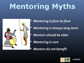 Mentoring Myths
 Mentoring is face-to-face
 Mentoring is always long-term
 Mentors should be older
 Mentoring is rare
 Mentors do not benefit
mnRAJU

 
