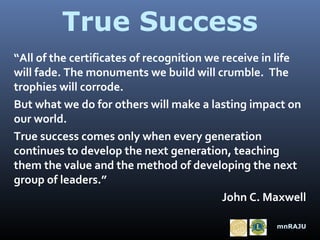 True Success
“All of the certificates of recognition we receive in life
will fade. The monuments we build will crumble. The
trophies will corrode.
But what we do for others will make a lasting impact on
our world.
True success comes only when every generation
continues to develop the next generation, teaching
them the value and the method of developing the next
group of leaders.”
John C. Maxwell
mnRAJU

 