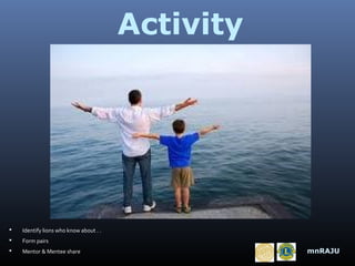 Activity



Identify lions who know about . .



Form pairs



Mentor & Mentee share

mnRAJU

 