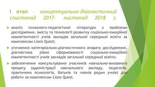 І етап – концептуально-діагностичний
(листопад 2017- листопад 2018 ):
 аналіз психолого-педагогічної літератури з проблеми
дослідження, змісту та технології розвитку соціально-емоційної
компетентності учнів закладів загальної середньої освіти за
комплексом Lions Quest;
 уточнення категоріально-діагностичного апарату дослідження,
діагностика рівня сформованості соціально-емоційної
компетентності учнів закладів загальної середньої освіти;
 забезпечення консультування учасників навчально-виховного
процесу (адміністрації навчального закладу, педагогів,
практичних психологів, батьків та членів родин учнів) для
роботи за комплексом Lions Quest.
 
