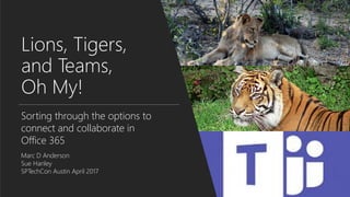 Lions, Tigers,
and Teams,
Oh My!
Sorting through the options to
connect and collaborate in
Office 365
Marc D Anderson
Sue Hanley
SPTechCon Austin April 2017
 