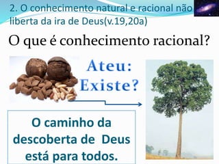 O que é conhecimento racional?
2. O conhecimento natural e racional não
liberta da ira de Deus(v.19,20a)
O caminho da
descoberta de Deus
está para todos.
 