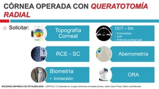 CÓRNEA OPERADA CON QUERATOTOMÍA
RADIAL
 Solicitar:
Topografía
Corneal
RCE - SC
Biometría
• Inmersión
OCT – SA:
• Profundidad
• ZOF
• Potencia corneal real
Aberrometría
ORA
SOCIEDAD ESPAÑOLA DE OFTALMOLOGÍA - CAPÍTULO 12 Cataratas en cirugías refractivas corneales previas, Julián Cezón Prieto | María José Bautista
 