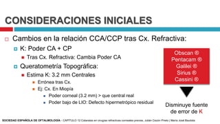 CONSIDERACIONES INICIALES
 Cambios en la relación CCA/CCP tras Cx. Refractiva:
 K: Poder CA + CP
 Tras Cx. Refractiva: Cambia Poder CA
 Queratometría Topográfica:
 Estima K: 3.2 mm Centrales
 Errónea tras Cx.
 Ej: Cx. En Miopía
 Poder corneal (3.2 mm) > que central real
 Poder bajo de LIO: Defecto hipermetrópico residual
Obscan ®
Pentacam ®
Galilei ®
Sirius ®
Cassini ®
Disminuye fuente
de error de K
SOCIEDAD ESPAÑOLA DE OFTALMOLOGÍA - CAPÍTULO 12 Cataratas en cirugías refractivas corneales previas, Julián Cezón Prieto | María José Bautista
 