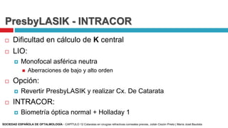 PresbyLASIK - INTRACOR
 Dificultad en cálculo de K central
 LIO:
 Monofocal asférica neutra
 Aberraciones de bajo y alto orden
 Opción:
 Revertir PresbyLASIK y realizar Cx. De Catarata
 INTRACOR:
 Biometría óptica normal + Holladay 1
SOCIEDAD ESPAÑOLA DE OFTALMOLOGÍA - CAPÍTULO 12 Cataratas en cirugías refractivas corneales previas, Julián Cezón Prieto | María José Bautista
 