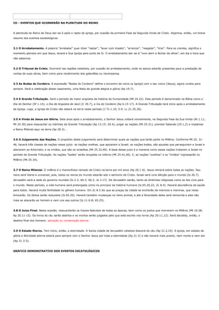III - EVENTOS QUE OCORRERÃO NA PLENITUDE DO REINO
A plenitude do Reino de Deus dar-se-á após o rapto da igreja, por ocasião da primeira Fase da Segunda Vinda de Cristo. Vejamos, então, um breve
resumo dos eventos escatológicos:
3.1 O Arrebatamento. A palavra "arrebatar" quer dizer "raptar", "levar com ímpeto", "arrancar", "resgatar", "tirar". Para os crentes, significa o
momento glorioso em que Jesus, levará a Sua Igreja para junto de Si. O arrebatamento dar-se-á "num abrir e fechar de olhos", em dia e hora que
não sabemos.
3.2 O Tribunal de Cristo. Ocorrerá nas regiões celestiais, por ocasião do arrebatamento, onde os salvos estarão presentes para a prestação de
contas de suas obras, bem como para recebimento dos galardões ou recompensa.
3.3 As Bodas do Cordeiro. A expressão "Bodas do Cordeiro" define o encontro da noiva (a Igreja) com o seu noivo (Jesus), agora unidos para
sempre. Será a celebração desse casamento, uma festa de grande alegria e glória (Ap 19.7).
3.4 A Grande Tribulação. Será o período de maior angústia da história da humanidade (Mt 24.22). Este período é denominado na Bíblia como o
Dia do Senhor (Sf 1.14); o Dia de Angústia de Jacó (Jr 30.7), e Ira do Cordeiro (Ap 6.15-17). A Grande Tribulação terá início após o arrebatamento
da Igreja. Logo, a Igreja de Cristo não estará na terra neste período (1 Ts 1.10; 5.9; Lc 21.35,36).
3.5 A Vinda de Jesus em Glória. Sete anos após o arrebatamento, o Senhor Jesus voltará visivelmente, na Segunda Fase da Sua Vinda (At 1.11;
Mt 24.30) para ressuscitar os mártires da Grande Tribulação (Ap 13.15; 20.4); julgar as nações (Mt 25.31); prender Satanás (20.1,2) e implantar
o Reino Milenial aqui na terra (Ap 20.3). .
3.6 O Julgamento das Nações. O propósito deste julgamento será determinar quais as nações que terão parte no Milênio. Conforme Mt 25. 31-
46, haverá três classes de nações nesse juízo: as nações ovelhas, que apoiarem a Israel; as nações bodes, são aquelas que perseguirem a Israel e
adorarem ao Anticristo; e os irmãos, que são os israelitas (Mt 25.32,40). A base desse juízo é a maneria como essas nações tratarem a Israel no
período da Grande Tribulação. As nações "bodes" serão lançadas no inferno (Mt 25.41,46). E, as nações "ovelhas" e os "irmãos" ingressarão no
Milênio (Mt 25.34).
3.7 O Reino Milenial. O milênio é o maravilhoso reinado de Cristo na terra por mil anos (Ap 20.1-6). Jesus reinará sobre todas as nações. Seu
reino será literal e universal, pois, todos os reinos do mundo estarão sob o senhorio de Cristo. Israel será uma bênção para o mundo (Is 26.7).
Jerusalém será a sede do governo mundial (Is 2.3; 60.3; 66.2; Je 3.17). De Jerusalém sairão, tanto as diretrizes religiosas como as leis civis para
o mundo. Neste período, a vida humana será prolongada como no princípio da história humana (Is 65.20,22; Zc 8.4). Haverá abundância de saúde
para todos. Haverá muita fertilidade no gênero humano. Em Zc 8.5 diz que as praças da cidade se encherão de meninos e meninas, que nelas
brincarão. Os óbitos serão reduzidos (Is 65.20). Haverá também mudanças no reino animal, e até a ferocidade deles será removida e eles não
mais se atacarão ao homem e nem uns aos outros (Is 11.6-8; 65.25).
3.8 O Juízo Final. Nesta ocasião, ressuscitarão os ímpios falecidos de todas as épocas, bem como os justos que morrerem no Milênio (Mt 10.28;
Ap 20.11-15). Os livros do céu serão abertos e os mortos serão julgados pelo que está escrito nos livros (Ap 20.11,12). Será decidido, então, o
destino final dos homens: salvação ou condenação eterna.
3.9 O Estado Eterno. Tem início, então, a eternidade. A Santa cidade de Jerusalém celestial descerá do céu (Ap 21.2,10). A igreja, em estado de
glória e felicidade eterna estará para sempre com o Senhor Jesus por toda a eternidade (Ap 21.3) e não haverá mais pranto, nem morte e nem dor
(Ap 21.3-5).
GRÁFICO DEMONSTRATIVO DOS EVENTOS ESCATOLÓGICOS
 