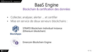 BaaS Engine
Blockchain & certification des données
N° 45
• Collecter, analyser, alerter … et certifier
• Mise en service de deux serveurs blockchains :
Emercoin Blockchain Engine
STRATO Blockchain Individual Instance
(Ethereum blockchain)
 