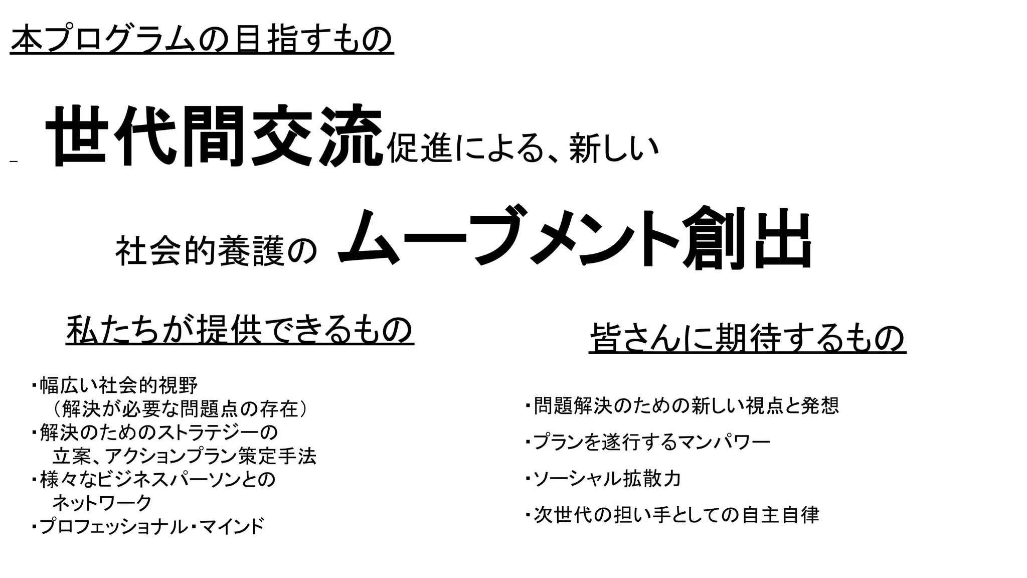 私たちが提供できるもの
・幅広い社会的視野
（解決が必要な問題点の存在）
・解決のためのストラテジーの
立案、アクションプラン策定手法
・様々なビジネスパーソンとの
ネットワーク
・プロフェッショナル・マインド
皆さんに期待するもの
・問題解決のための新しい視点と発想
・プランを遂行するマンパワー
・ソーシャル拡散力
・次世代の担い手としての自主自律
本プログラムの目指すもの
世代間交流促進による、新しい
社会的養護の ムーブメント創出
 