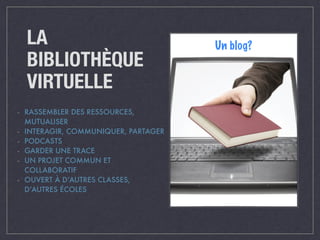 LA 
BIBLIOTHÈQUE 
VIRTUELLE 
- RASSEMBLER DES RESSOURCES, 
MUTUALISER 
- INTERAGIR, COMMUNIQUER, PARTAGER 
- PODCASTS 
- GARDER UNE TRACE 
- UN PROJET COMMUN ET 
COLLABORATIF 
- OUVERT À D’AUTRES CLASSES, 
D’AUTRES ÉCOLES 
Un blog? 
 