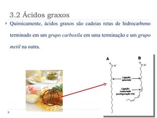 3.2 Ácidos graxos Quimicamente, ácidos graxos são cadeias retas de hidrocarbono terminado em um  grupo carboxila  em uma terminação e um  grupo metil  na outra.  