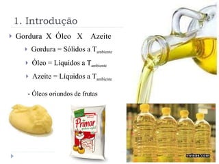 Gordura  X  Óleo  X  Azeite  1. Introdução Óleo  = Líquidos a T ambiente Gordura  = Sólidos a T ambiente Azeite  = Líquidos a T ambiente   -  Óleos oriundos de frutas 