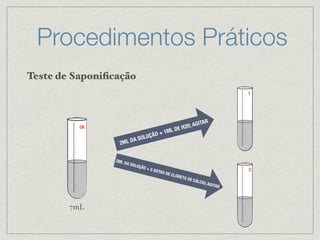 Procedimentos Práticos
Teste de Saponiﬁcação
OK
7mL
2ML DA SOLUÇÃO + 1ML DE H20; AGITAR
2ML DA SOLUÇÃO + 5 GOTAS DE CLORETO DE CÁLCIO; AGITAR
1
2
 