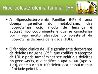  A Hipercolesterolemia Familiar (HF) é uma 
doença genética do metabolismo das 
lipoproteínas cujo modo de herança é 
autossômico codominante e que se caracteriza 
por níveis muito elevados do colesterol da 
lipoproteína de baixa densidade (LDL). 
 O fenótipo clínico de HF é geralmente decorrente 
de defeitos no gene LDLR, que codifica o receptor 
de LDL e pode também ser secundário a defeitos 
no gene APOB, que codifica a apo B-100 (Apo B- 
100), onde a Apo B-100 defeituosa possui menor 
afinidade pelo LDL. 
 