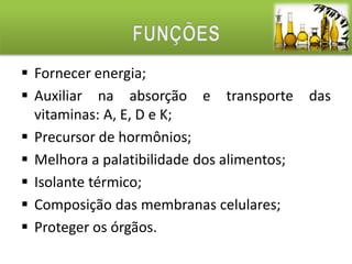  Fornecer energia; 
 Auxiliar na absorção e transporte das 
vitaminas: A, E, D e K; 
 Precursor de hormônios; 
 Melhora a palatibilidade dos alimentos; 
 Isolante térmico; 
 Composição das membranas celulares; 
 Proteger os órgãos. 
 