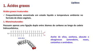 Ácidos graxos insaturados
 Frequentemente encontrada em estado líquido a temperatura ambiente no
formato de óleos vegetais.
1. Monoinsaturados:
Possuem apenas uma ligação dupla entre átomos de carbono ao longo da cadeia
hidrocarbônica;
Azeite de oliva, azeitona, abacate e
oleaginosas (amendoim, nozes,
castanhas e amêndoas.
 