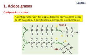 Configuração cis e trans
A configuração "cis" das duplas ligações provoca uma dobra
de 30o na cadeia, o que dificulta a agregação das moléculas
 