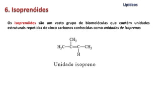 Os isoprenóides são um vasto grupo de biomoléculas que contém unidades
estruturais repetidas de cinco carbonos conhecidas como unidades de isoprenos
 