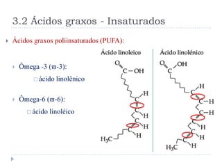 3.2 Ácidos graxos - Insaturados
   Ácidos graxos poliinsaturados (PUFA):


       Ômega -3 (-3):
             ácido   linolênico

       Ômega-6 (-6):
           ácido   linoléico
 