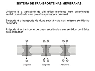 SISTEMA DE TRANSPORTE NAS MEMBRANAS
Uniporte é o transporte de um único elemento num determinado
sentido através de uma proteína carreadora ou canal;
Simporte é o transporte de duas substâncias num mesmo sentido no
carreador.
Antiporte é o transporte de duas substâncias em sentidos contrários
pelo carreador.
 