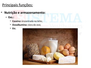 Principais funções:
• Nutrição e armazenamento:
– Exs.:
• Caseína: encontrada no leite;
• Ovoalbumina: clara do ovo;
• Etc.
 