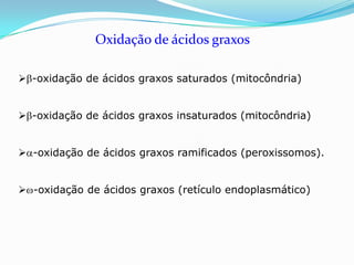 Oxidação de ácidos graxos

 -oxidação de ácidos graxos saturados (mitocôndria)


 -oxidação de ácidos graxos insaturados (mitocôndria)


 -oxidação de ácidos graxos ramificados (peroxissomos).


 -oxidação de ácidos graxos (retículo endoplasmático)
 