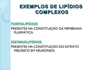 EXEMPLOS DE LIPÍDIOS
        COMPLEXOS

FOSFOLIPÍDIOS
PRESENTES NA CONSTITUIÇÃO DA MEMBRANA
  PLASMÁTICA.

ESFINGOLIPÍDIOS
PRESENTES NA CONSTITUIÇÃO DO ESTRATO
  MIELÍNICO EM NEURÔNIOS.
 