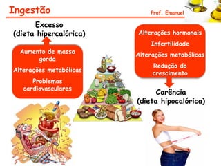 Ingestão                     Prof. Emanuel

      Excesso
(dieta hipercalórica)    Alterações hormonais
                             Infertilidade
  Aumento de massa
                         Alterações metabólicas
       gorda
                              Redução do
Alterações metabólicas
                              crescimento
      Problemas
   cardiovasculares
                               Carência
                         (dieta hipocalórica)
 