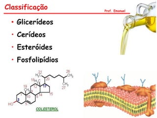 Classificação       Prof. Emanuel



  • Glicerídeos
  • Cerídeos
  • Esteróides
  • Fosfolipídios
 