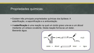 Propriedades químicas:
 Existem três principais propriedades químicas dos lipídeos: A
esterificação, a saponificação e a antioxidação.
 A esterificação é uma reação na qual um ácido graxo une-se a um álcool
mediante um enlace covalente. Desta reação forma-se um éster,
liberando água.
 