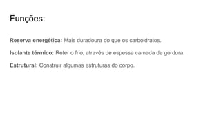 Funções:
Reserva energética: Mais duradoura do que os carboidratos.
Isolante térmico: Reter o frio, através de espessa camada de gordura.
Estrutural: Construir algumas estruturas do corpo.
 