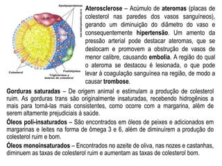 Aterosclerose – Acúmulo de ateromas (placas de
colesterol nas paredes dos vasos sanguíneos),
gerando um diminuição do diâmetro do vaso e
consequentemente hipertensão. Um amento da
pressão arterial pode destacar ateromas, que se
deslocam e promovem a obstrução de vasos de
menor calibre, causando embolia. A região do qual
o ateroma se destacou é lesionada, o que pode
levar à coagulação sanguínea na região, de modo a
causar trombose.
Gorduras saturadas – De origem animal e estimulam a produção de colesterol
ruim. As gorduras trans são originalmente insaturadas, recebendo hidrogênios a
mais para torná-las mais consistentes, como ocorre com a margarina, além de
serem altamente prejudiciais à saúde.
Óleos poli-insaturados – São encontrados em óleos de peixes e adicionados em
margarinas e leites na forma de ômega 3 e 6, além de diminuírem a produção do
colesterol ruim e bom.
Óleos monoinsaturados – Encontrados no azeite de oliva, nas nozes e castanhas,
diminuem as taxas de colesterol ruim e aumentam as taxas de colesterol bom.
 