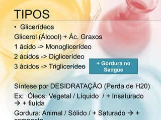 TIPOS
• Glicerídeos
Glicerol (Álcool) + Ác. Graxos
1 ácido -> Monoglicerídeo
2 ácidos -> Diglicerídeo
3 ácidos -> Triglicerídeo
Síntese por DESIDRATAÇÃO (Perda de H20)
Ex: Óleos: Vegetal / Líquido / + Insaturado
 + fluída
Gordura: Animal / Sólido / + Saturado  +
+ Gordura no
Sangue
 