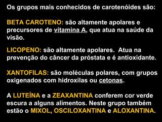 Os grupos mais conhecidos de carotenóides são:

BETA CAROTENO: são altamente apolares e
precursores de vitamina A, que atua na saúde da
visão.
LICOPENO: são altamente apolares. Atua na
prevenção do câncer da próstata e é antioxidante.

XANTOFILAS: são moléculas polares, com grupos
oxigenados com hidroxilas ou cetonas.

A LUTEÍNA e a ZEAXANTINA conferem cor verde
escura a alguns alimentos. Neste grupo também
estão o MIXOL, OSCILOXANTINA e ALOXANTINA.
 