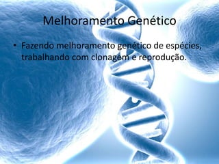 Melhoramento Genético
• Fazendo melhoramento genético de espécies,
  trabalhando com clonagem e reprodução.
 