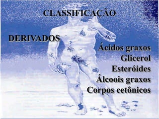 CLASSIFICAÇÃO

DERIVADOS
               Ácidos graxos
                     Glicerol
                   Esteróides
               Álcoois graxos
             Corpos cetônicos
 