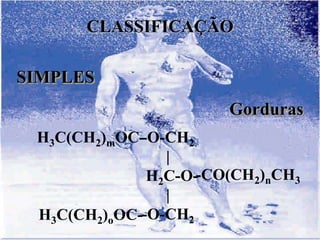 CLASSIFICAÇÃO

SIMPLES
                       Gorduras
 H3C(CH2)mOC--O-CH2
                |
              H2C-O--CO(CH2)nCH3
                |
 H3C(CH2)oOC--O-CH2
 