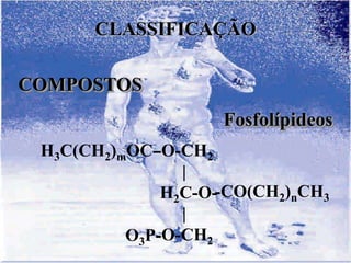 CLASSIFICAÇÃO

COMPOSTOS
                    Fosfolípideos
 H3C(CH2)mOC--O-CH2
                |
              H2C-O--CO(CH2)nCH3
                |
             -O-CH2
          O3P-
 