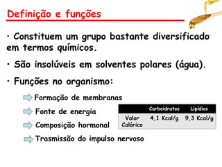 Definição e funções
• Constituem um grupo bastante diversificado
em termos químicos.
• São insolúveis em solventes polares (água).
• Funções no organismo:
Formação de membranas
Fonte de energia
Composição hormonal
Trasmissão do impulso nervoso
Carboidratos Lipídios
Valor
Calórico
4,1 Kcal/g 9,3 Kcal/g
 