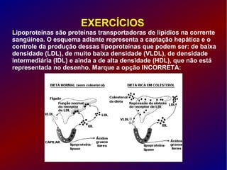 EXERCÍCIOS
Lipoproteínas são proteínas transportadoras de lipídios na corrente
sangüínea. O esquema adiante representa a captação hepática e o
controle da produção dessas lipoproteínas que podem ser: de baixa
densidade (LDL), de muito baixa densidade (VLDL), de densidade
intermediária (IDL) e ainda a de alta densidade (HDL), que não está
representada no desenho. Marque a opção INCORRETA:
 
