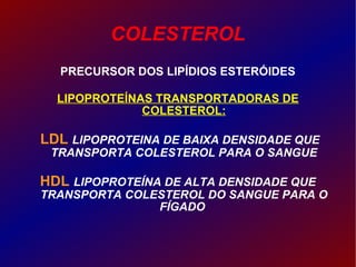 COLESTEROL PRECURSOR DOS LIPÍDIOS ESTERÓIDES LIPOPROTEÍNAS TRANSPORTADORAS DE COLESTEROL: LDL  LIPOPROTEINA DE BAIXA DENSIDADE QUE TRANSPORTA COLESTEROL PARA O SANGUE HDL  LIPOPROTEÍNA DE ALTA DENSIDADE QUE TRANSPORTA COLESTEROL DO SANGUE PARA O FÍGADO  