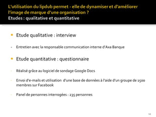 Etude qualitative : interview -  Entretien avec la responsable communication interne d’Axa Banque Etude quantitative : questionnaire Réalisé grâce au logiciel de sondage Google Docs Envoi d’e-mails et utilisation  d’une base de données à l’aide d’un groupe de 1500 membres sur Facebook Panel de personnes interrogées : 235 personnes 