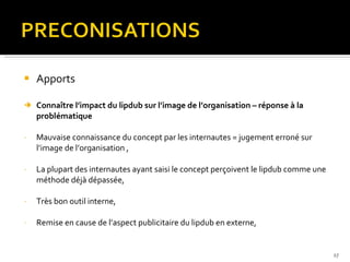 Apports Connaître l’impact du lipdub sur l’image de l’organisation – réponse à la problématique Mauvaise connaissance du concept par les internautes = jugement erroné sur l’image de l’organisation , La plupart des internautes ayant saisi le concept perçoivent le lipdub comme une méthode déjà dépassée, Très bon outil interne, Remise en cause de l’aspect publicitaire du lipdub en externe, 