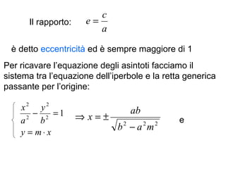 Il rapporto:
a
c
e =
è detto eccentricità ed è sempre maggiore di 1
Per ricavare l’equazione degli asintoti facciamo il
sistema tra l’equazione dell’iperbole e la retta generica
passante per l’origine:
xmy
b
y
a
x
⋅=
=− 12
2
2
2
222
mab
ab
x
−
±=⇒ e
 