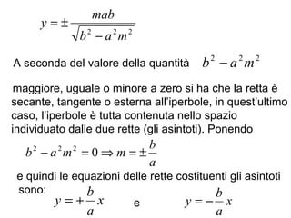 222
mab
mab
y
−
±=
222
mab −
a
b
mmab ±=⇒=− 0222
x
a
b
y += x
a
b
y −=
A seconda del valore della quantità
maggiore, uguale o minore a zero si ha che la retta è
secante, tangente o esterna all’iperbole, in quest’ultimo
caso, l’iperbole è tutta contenuta nello spazio
individuato dalle due rette (gli asintoti). Ponendo
e quindi le equazioni delle rette costituenti gli asintoti
sono:
e
 
