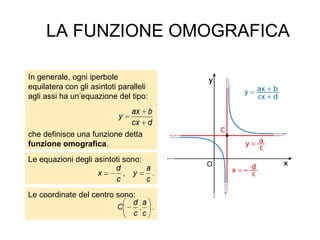 LA FUNZIONE OMOGRAFICA
In generale, ogni iperbole
equilatera con gli asintoti paralleli
agli assi ha un’equazione del tipo:
che definisce una funzione detta
funzione omografica.
Le equazioni degli asintoti sono:
Le coordinate del centro sono:
 